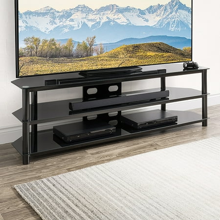 CorLiving - Black Gloss TV Bench with Open Shelves for TVs up to 85" - Black