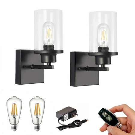 

FSLiving Battery Operated Wall Lamp Industrial Black Metal Wall Sconces Vintage Wall Lighting Fixtures with Glass Shade for Living Room Bedroom Hallway Rechargeable - 2 Packs(3000K Warm White )