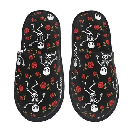 

House Slippers for Women Men - Skeleton with Roses Warm Non-slip Mens Womens Slippers Cozy Slip-on House Shoes Bedroom Outdoor Indoor Slippers for Men