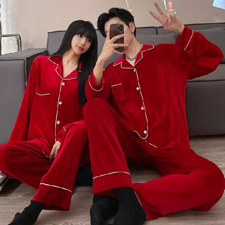 

PIKADINGNIS Autumn Winter Flannel Mens Pajamas Set Solid Warm Golden Velvet Women Sleepwear Couple Pajama Sets Sleep&Lounge Home Clothes