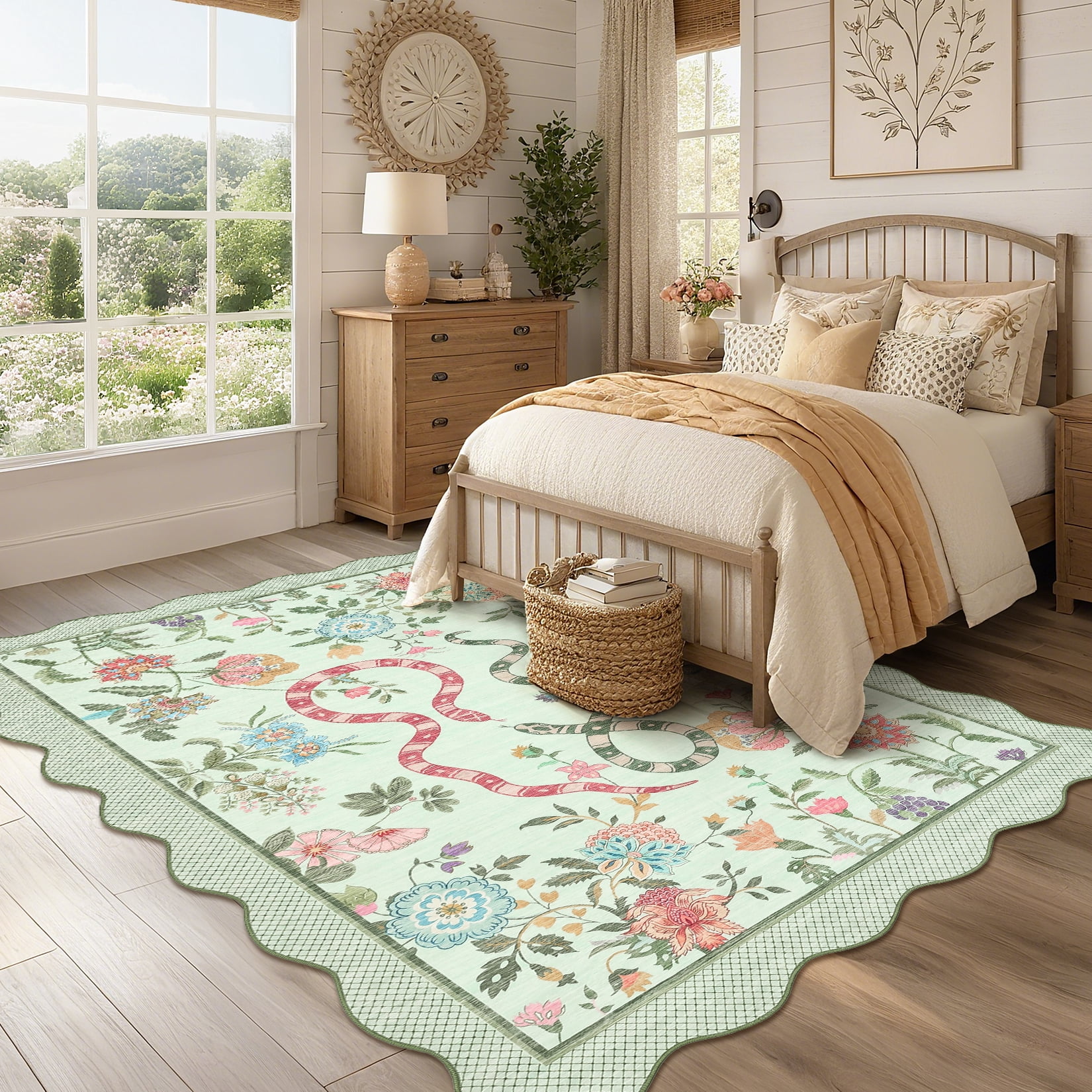 Hasoo Washable Living Room Area Rug 5x7 Modern Floral Snake Non-Slip Soft Low Pile Scalloped Indoor Green Carpet