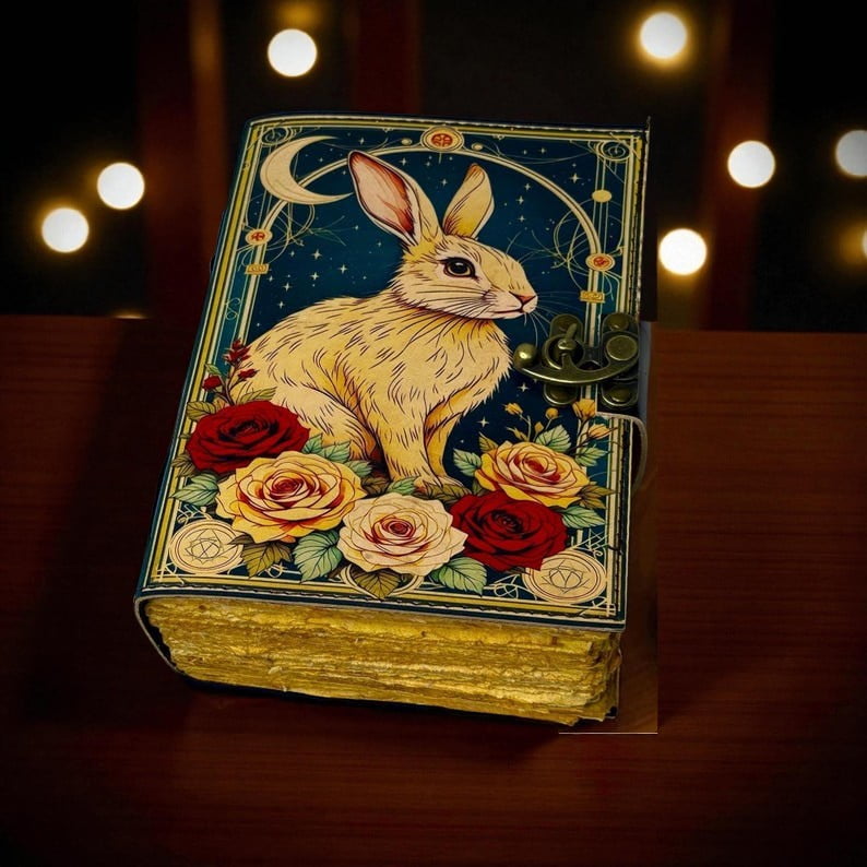 Handmade Leather Journal with Rabbit & Roses Artwork – 5x7 Inch Vintage Notebook, 200 Pages of Handmade Paper, Antique Latch – Writing, Sketching & Gift Diary