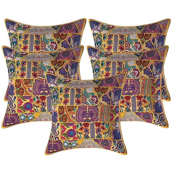 Stylo Culture Indian Decorative Cotton Mango Yellow Large Throw Pillow Covers 24x24 Patchwork Vintage Home Decor Pillow Covers Abstract Floral 60x60 cm Cushion Covers (Set Of 5)