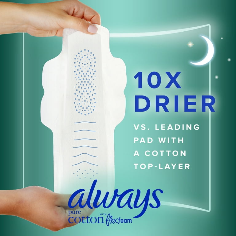 Always Pure Cotton Feminine Pads With WIngs, Size 5, Extra Heavy Overnight  Absorbency 18 CT 