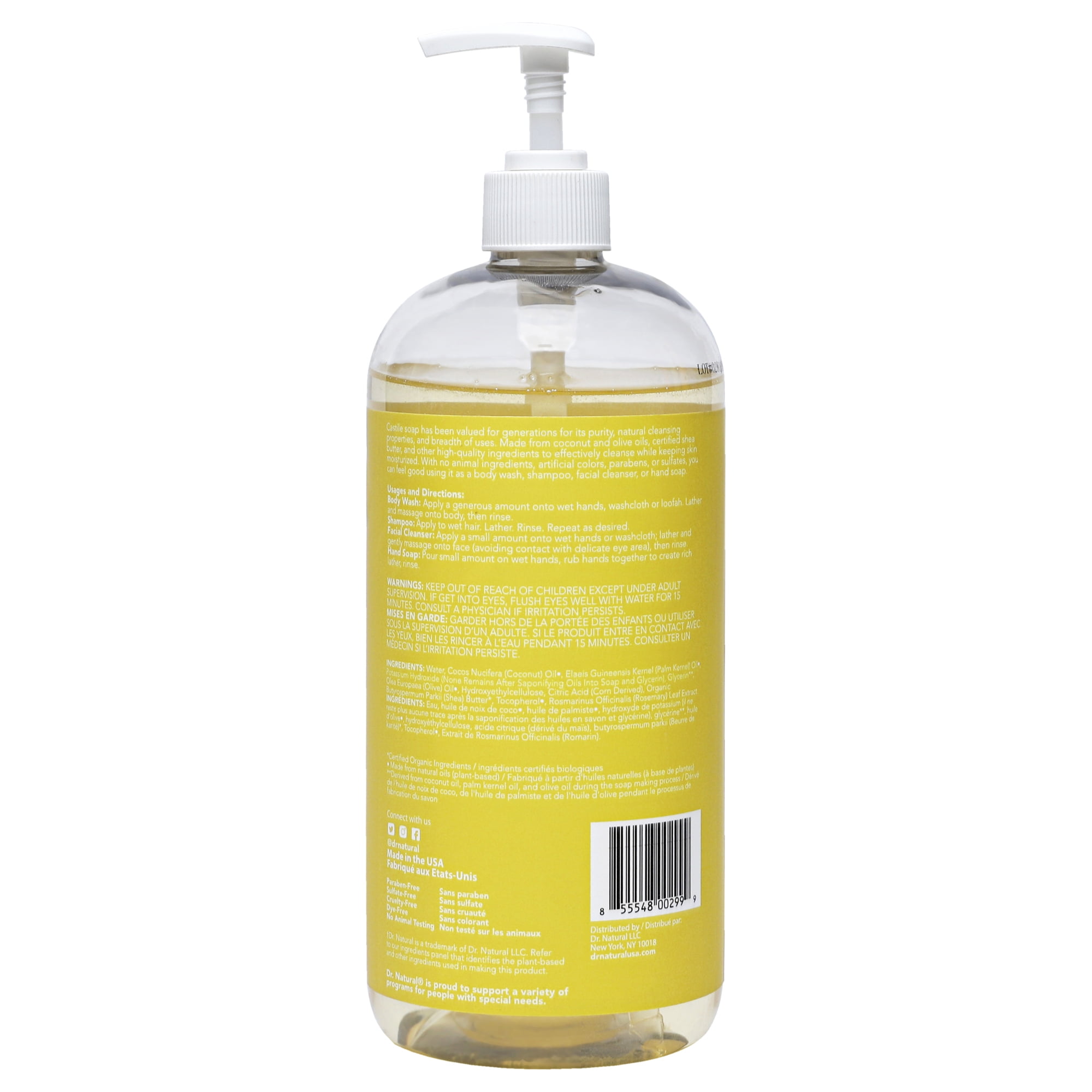 Dr. Natural Castile Liquid Soap, Bathroom Soap, Unscented, 32 oz, 2 pk