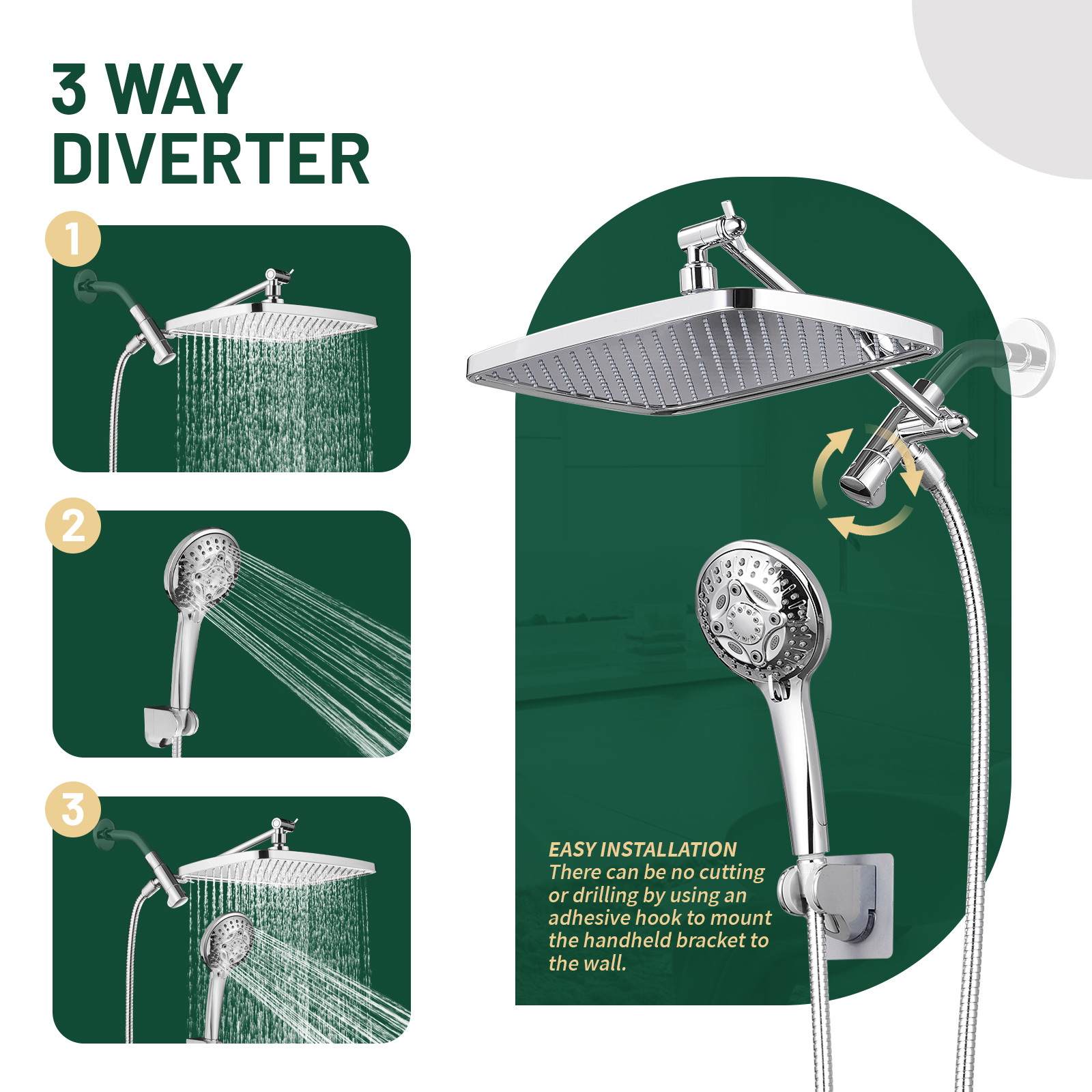 Cobbe 12 Inch High Pressure Rain Shower Head with Extension Arm, Dual Shower Head with 8 Modes Handheld Spray Combo, Chrome