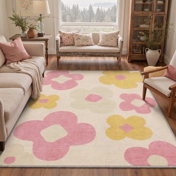 KUETH 5x7 Low Pile Flower Rug for Living Room, Machine Washable Soft Non Slip Backing Area Rug, AMBER BLOOM Rug for Bedroom Dining Room