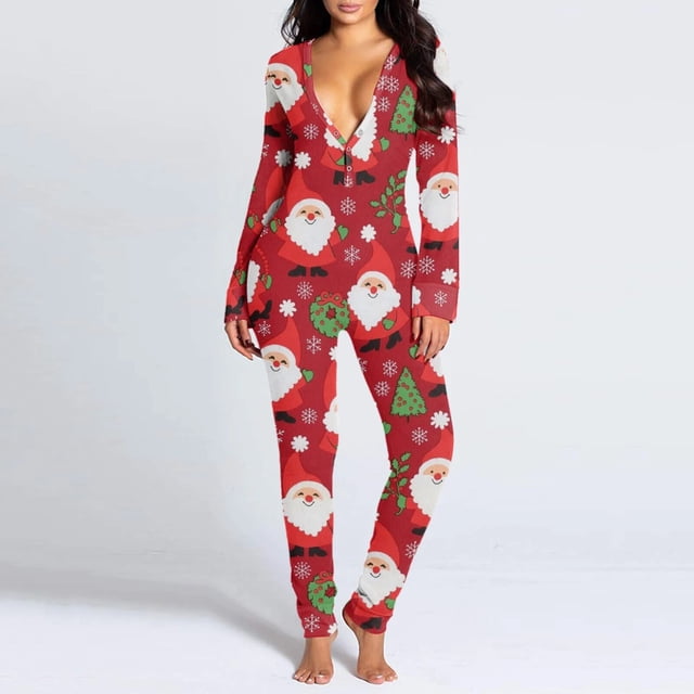 Pijamas navideños para adultos, mono Sexy con espalda al trasero para mujer, ropa de dormir cálida con botones de Anime de Papá Noel, Otoño e Invierno