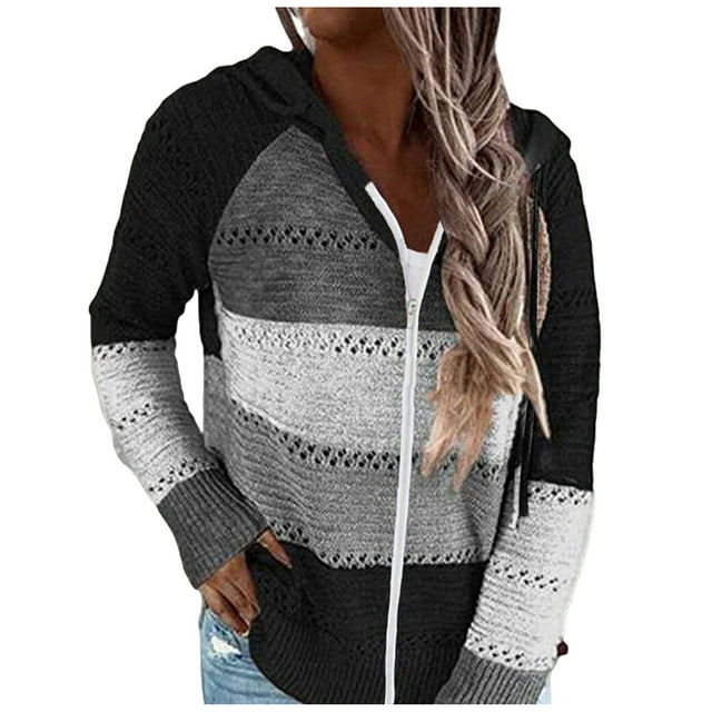 2025 Cardigan pour Femmes Femmes Décontracté Cardigans Patchwork pour Femmes à Rayures Manches Longues Chandail à Capuche Femmes Grande Taille Chandails