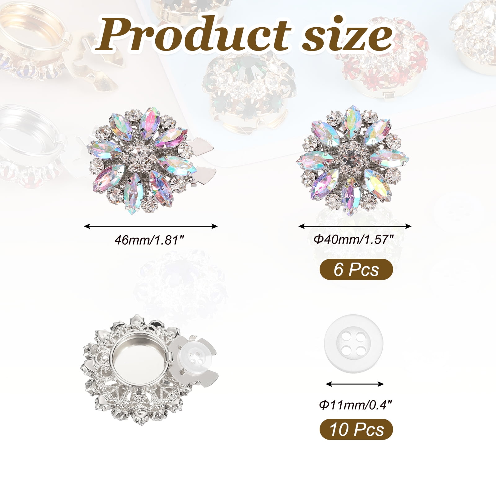 6 Pcs Rhinestone Button Covers Decorative Clips with 10 Pcs White Sewing Buttons Detachable Marquise Sewing Replacement for Women Men DIY Crafts Accessories (AB Iridescent/Silver)
