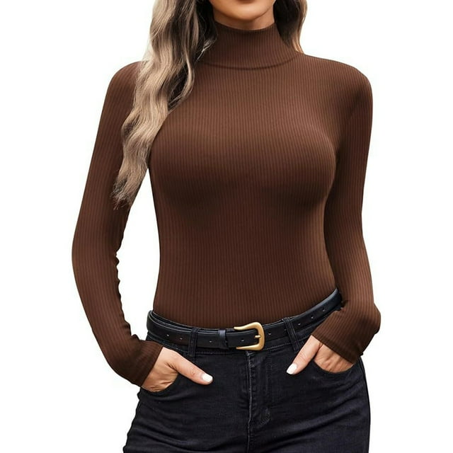 Breezora Ribbed Turtleneck Long Sleeve Layer Top Soft Thermal Base Shirt Lightweight Womens Fall Winter Essential XL Size Coffee