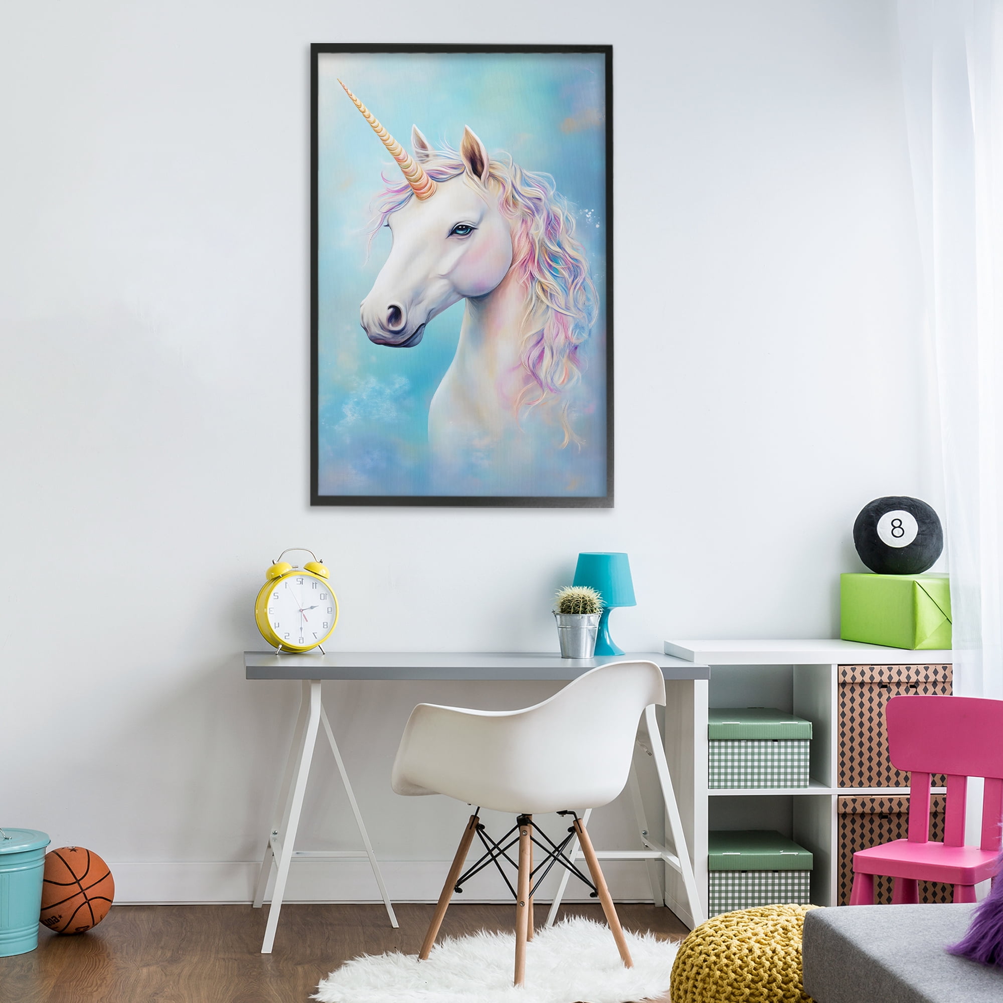 Stupell Industries White Unicorn on Blue Black Framed Giclee Art, design by Creative Studio