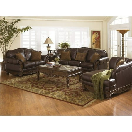 Ashley North S 3 Piece Leather Sofa Set With Chaise In Dark Brown Com Ashley North S 3 Piece Leather Sofa, Ashley Brown Leather Sofa And Loveseat