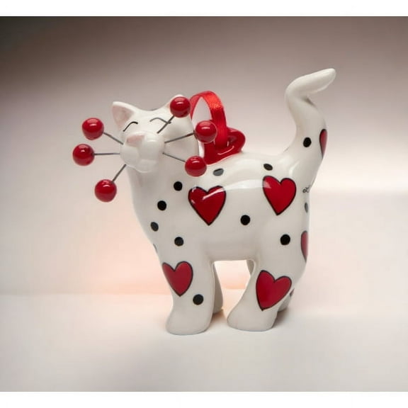 Ceramic White Cat Ornament with Red Hearts 3 Inch Gift for Cat