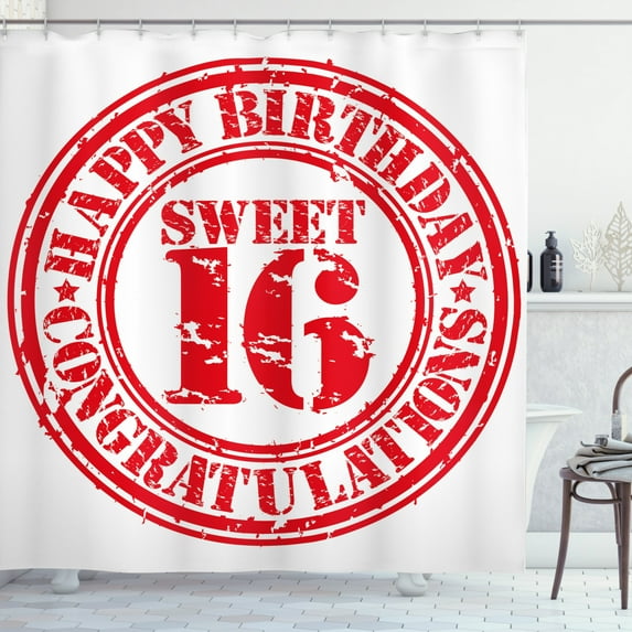 Ambesonne Vintage Shower Curtain, Rubber Stamp Greeting, 69"Wx75"L, Vermilion White