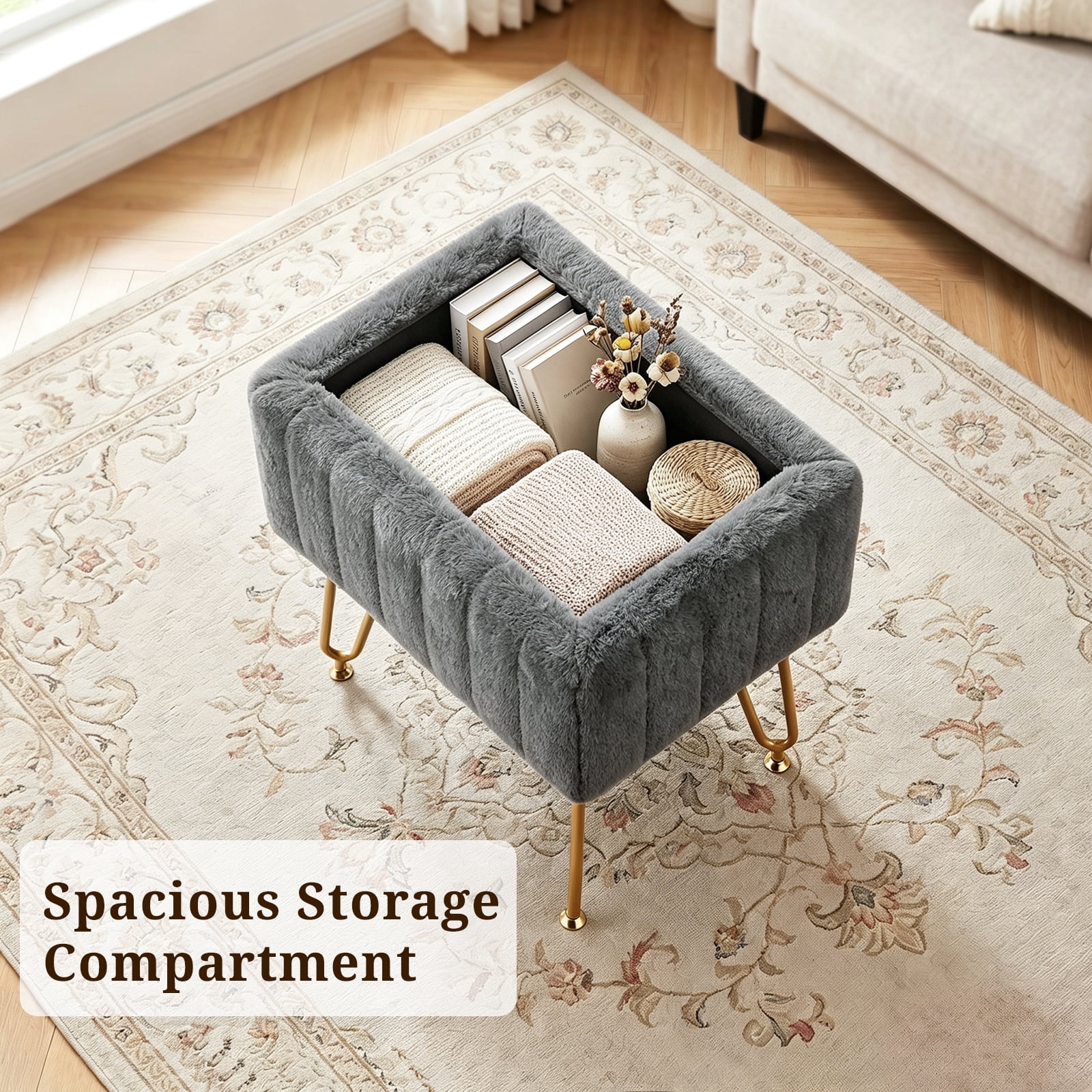 Casabay Vanity Stool Chair with Storage, Faux Fur Footstool Ottoman with Metal Legs & Anti-Slip Adjustable Feet for Bedroom, Entryway