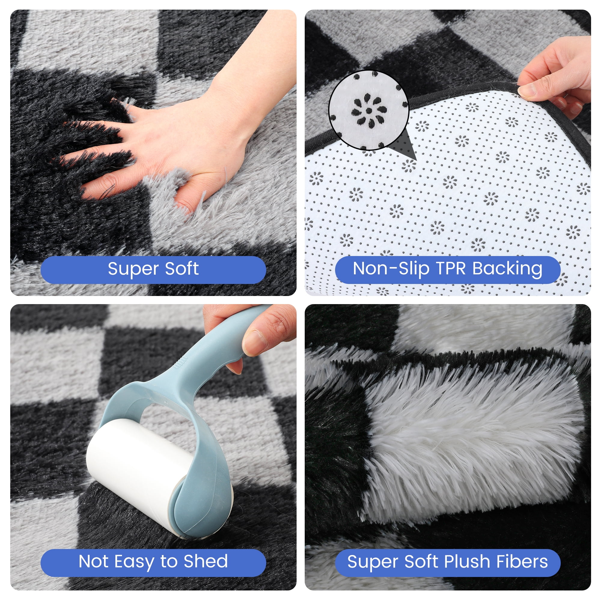 CozyDesg Shag Area Rugs,5'x8' Soft Fluffy Floor Rugs Checkered Carpet，Washable Area Rugs for Living Room Bedroom Decor,Black & Grey