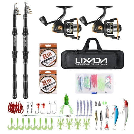 Lixada Fishing Rod Reel Combo Fiberglass Telescopic Fishing Rod Spinning Reel Fishing Line Lures Hooks Jigs Swivels Saltwater Freshwater Travel Fishing Accessories Kit