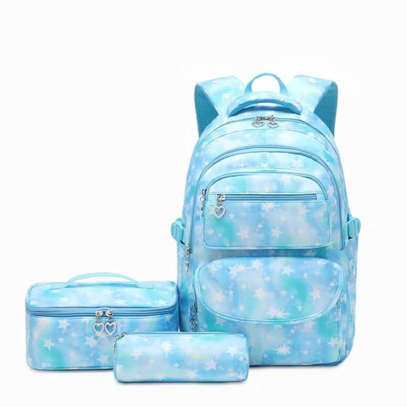 Star Gradient Print Backpack 3 in 1 Set, Water Resistant Lightweight School Bookbag with Lunch Bag and Pencil Case for Elementary Students