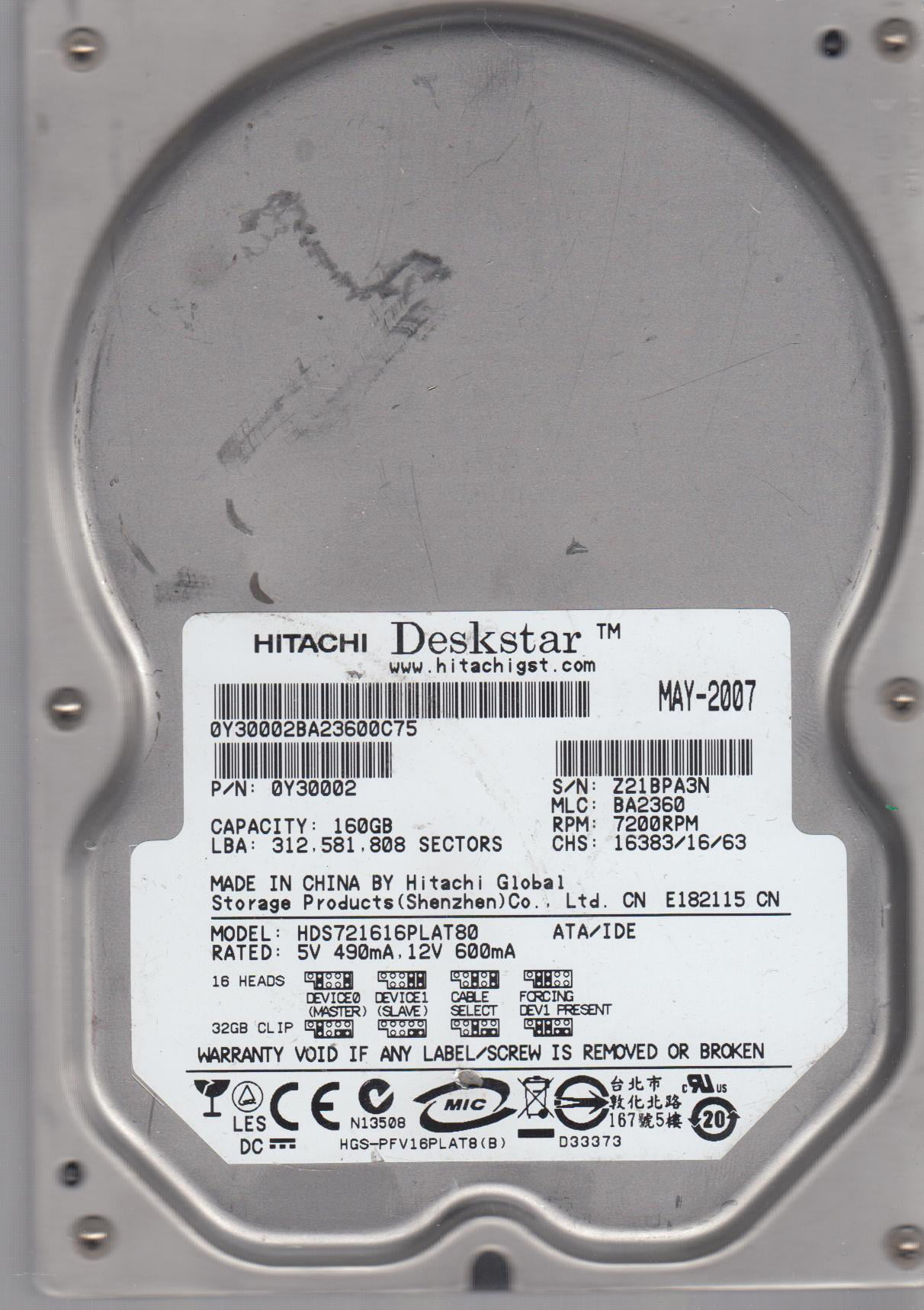 PN 0Y30002 HDS721616PLAT80 PCB 0A29591 BA1944A Hitachi 160GB IDE 3.5 Leiterplatte 