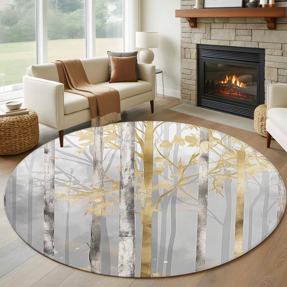 8ft Round Rug, Golden Grey Tree Non-Skid Rubber Backing Large Area Rugs - Living Room Bedroom Home Office, Oil Painting Forest Abstract Art Indoor Floor Mat Carpets Washable Rug