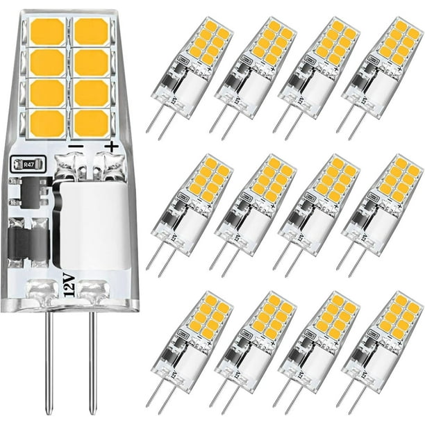 12 bombillas LED G4, bombillas LED de 12 voltios, base bipin G4 JC, blanco cálido 3000 K, sin parpadeo, bombillas LED de paisaje para luces de disco, luz empotrada