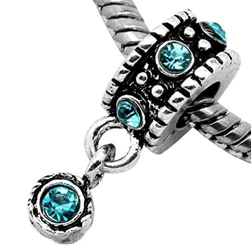 December Blue Topaz Turquoise Rhinestone Birthstone Charm Spacer For Snake Chain Charm Bracelet
