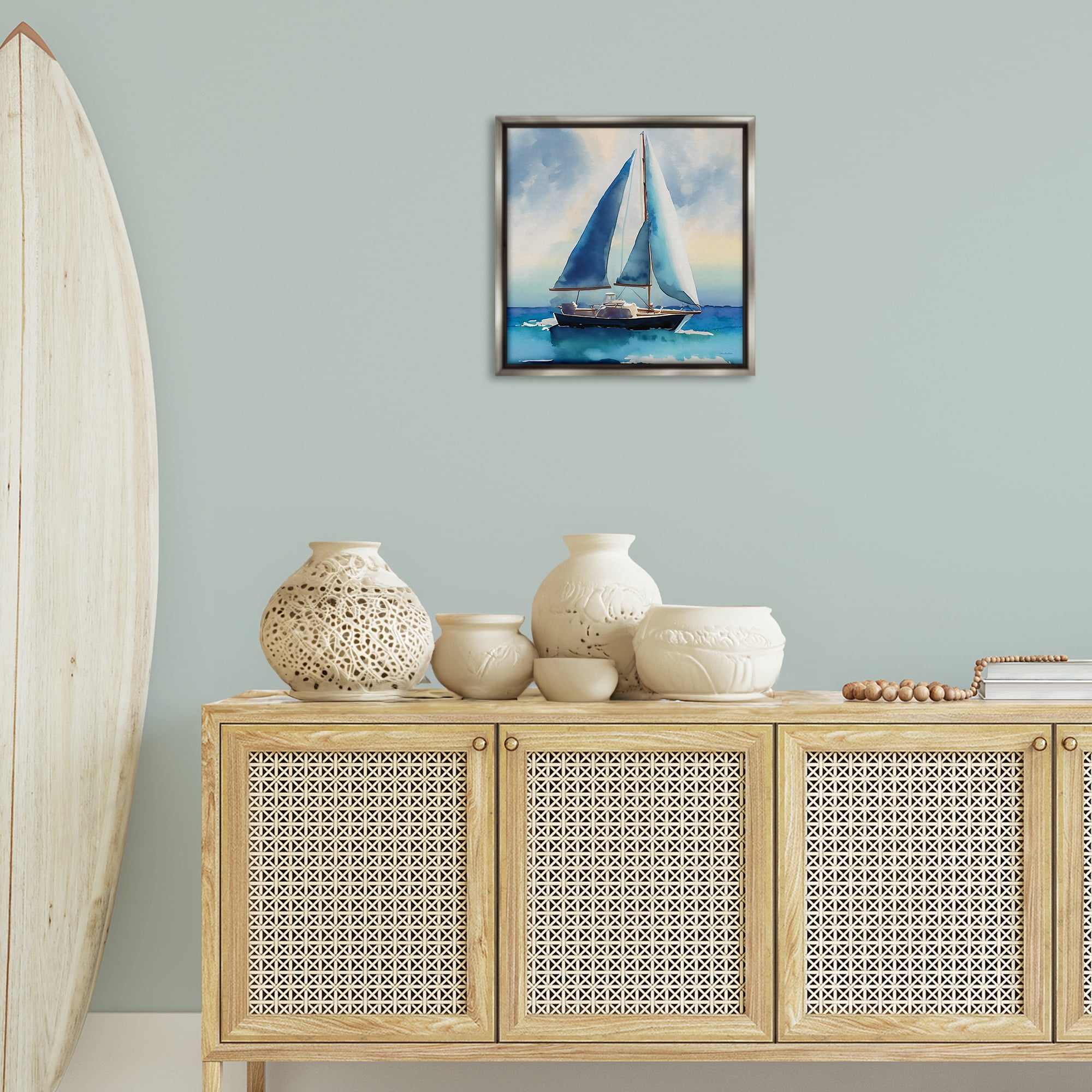 Stupell Industries Watercolor Style Sailboat Nautical & Beach Painting Gray Floater Framed Canvas Art Print Wall Art, 18 x 18