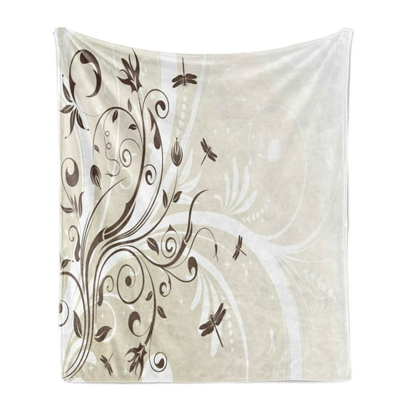 Dragonfly Soft Flannel Fleece Throw Blanket, Seasonal Flourishing Flower Petals Swirled Branches Beauty Design, Cozy Plush for Indoor and Outdoor Use, 70" x 90", Eggshell Brown, by Ambesonne