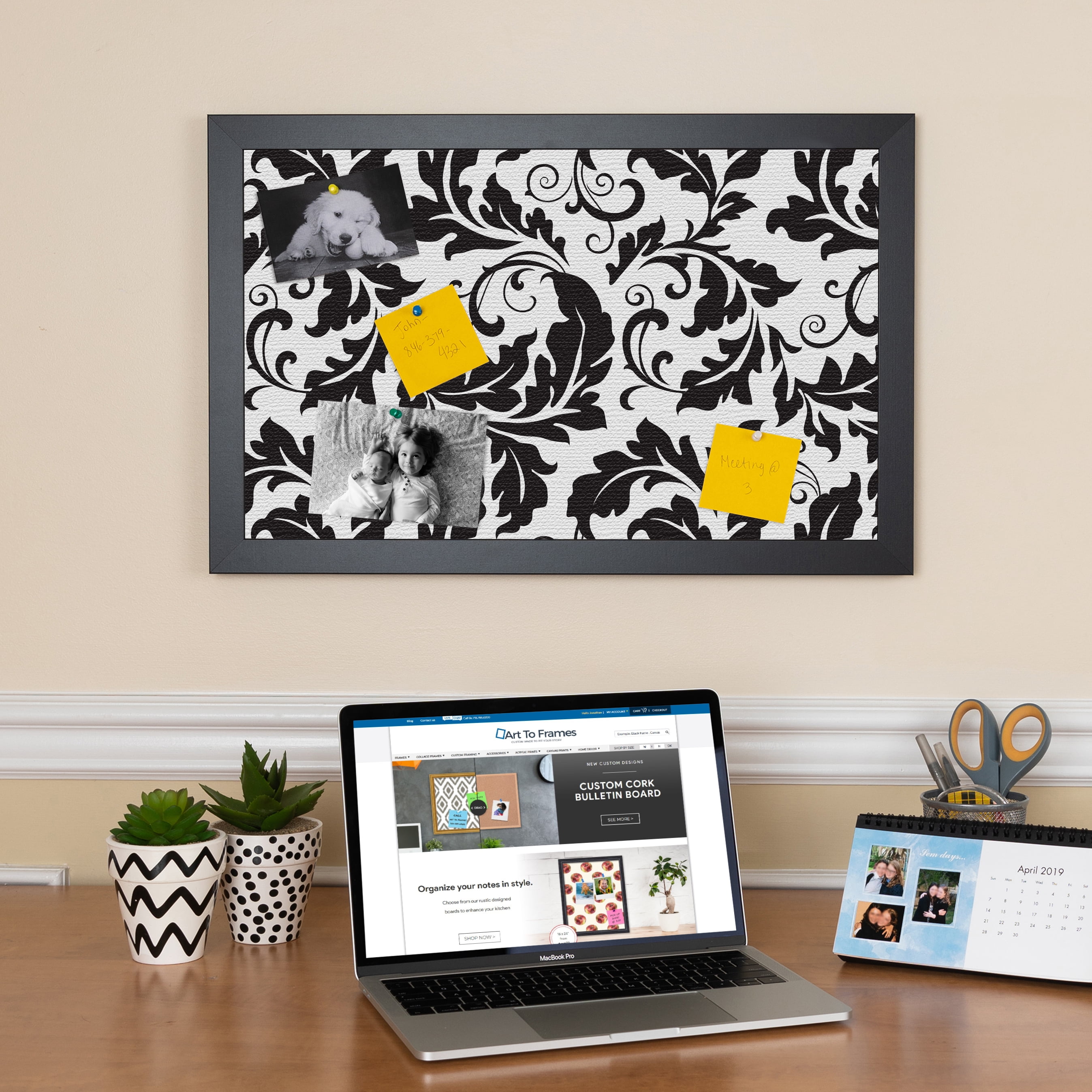 PinPix ArtToFrames 14x18 Custom Cork Bulletin Board Floral Black Leaf   Poster Board Has a Fabric Style Canvas Finish, Framed in Satin Black (PinPix-180)