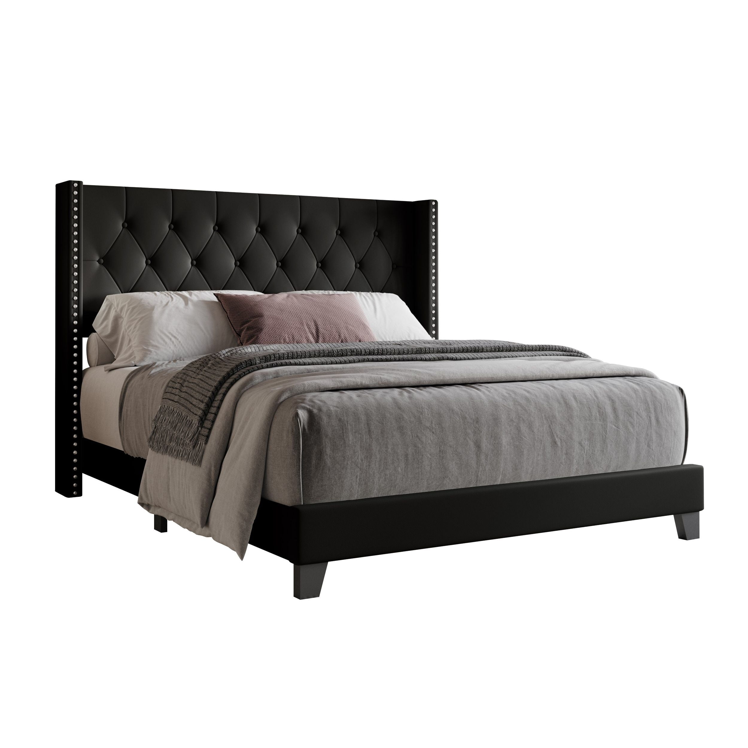 Home Design Homer King Button-Tufted Wingback Upholstered Panel Bed Frame with Nailhead Trim design for Adult, Black, Easy Assembly