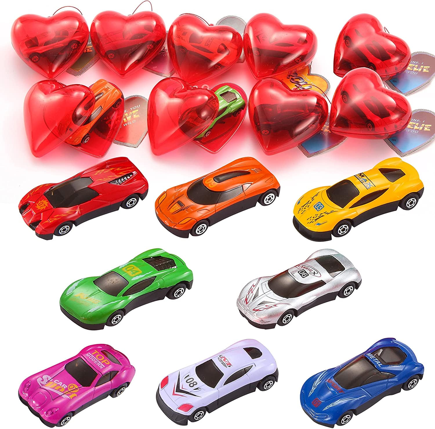 Vehicle Party Favor Toy Supplies. 28 Valentines Day Die-Cast Racing Cars Gift Cards for Kids with Valentine’s School Classroom Exchange Greeting Cards 
