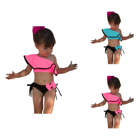 Toddler Girls One Shoulder Ruffle Bikini Swimsuit Set with Bowknot Bottom 2 Piece Off-Shoulder Bathing Suit for Summer Beach Swimwear