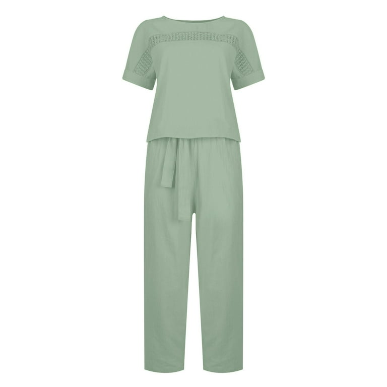Huresd Women s Two Piece Outfits Round Neck Short Sleeve Tops Tracksuit Long Pants With Knot Track Suit Hollow Solid Jogger Sets Mint Green S Walmart