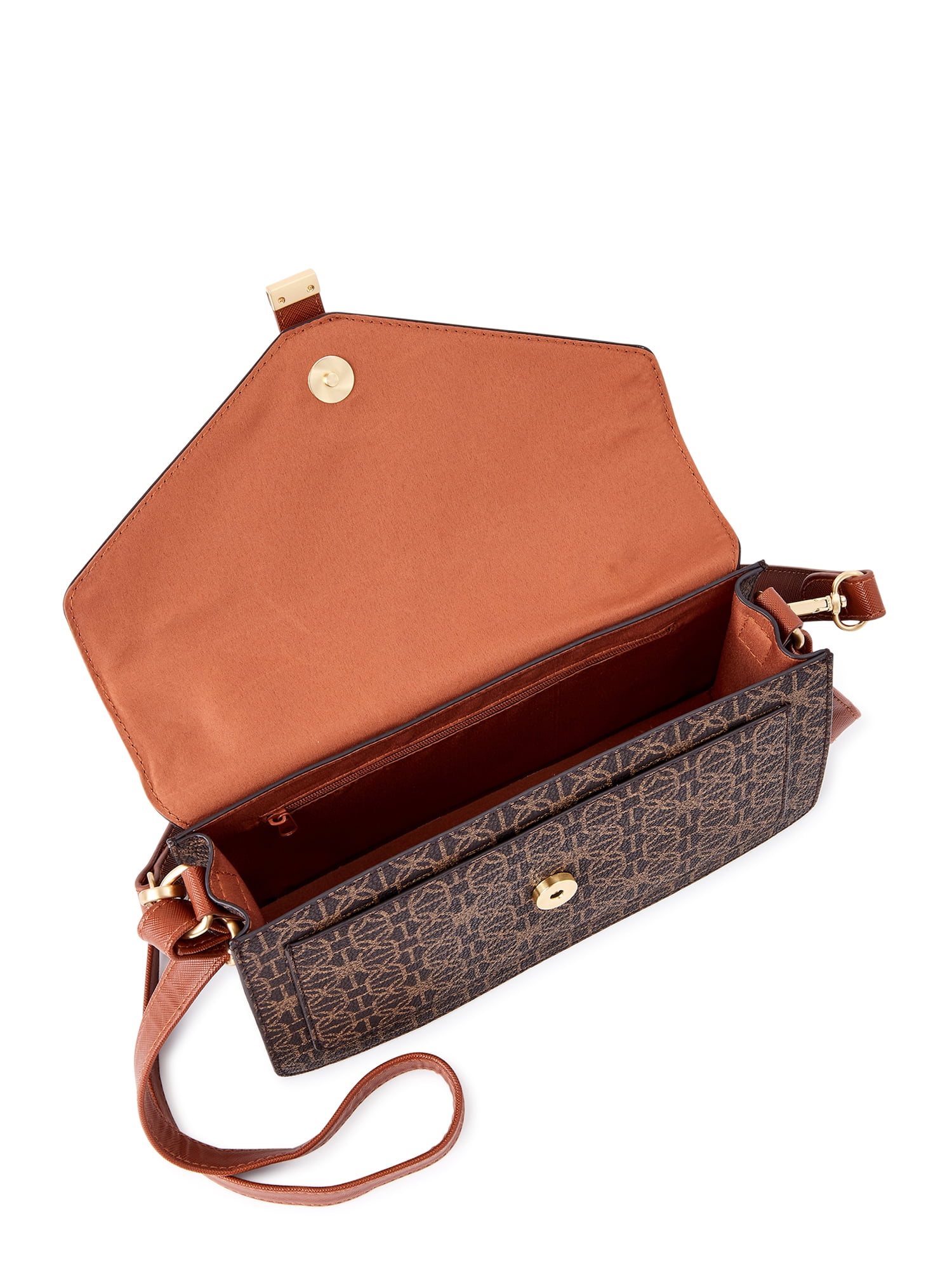 Time and Tru Women's Lori Front Flap Crossbody Handbag Brown Status Print