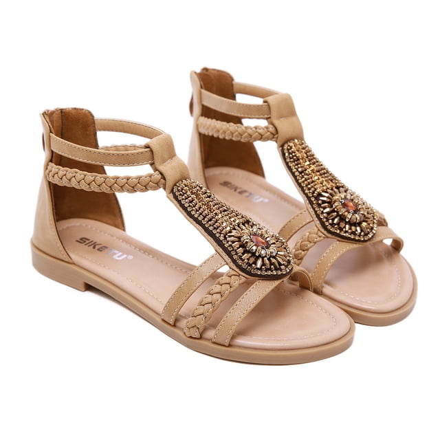 Sandalias Mujer Playa Bohemio Vintage Con cuentas Cremallera Rhinestone Roman Flats Zapatos Wmkox8yii FOPL2606