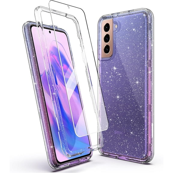 Clear Glitter Gradients Color Shockproof Case for Samsung Galaxy S21 5G with 2 Packs Tempered Glass Screen Protectors, 3 Layers in 1, Hard PC Shell   Flexible TPU Bumper (Full Body, Gradient)