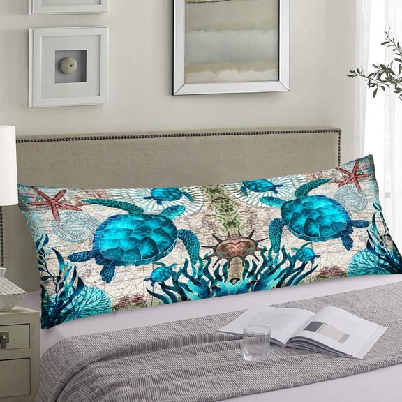 Turtle Body Pillow Cover Nautical Marine Blue Sea Turtles Coastal Beach Theme Ocean Long Pillow Case Protector with Zipper Decorative Soft Large Pillowcase Covers Cushoned for Bed,Couch,Sofa 20"x54"