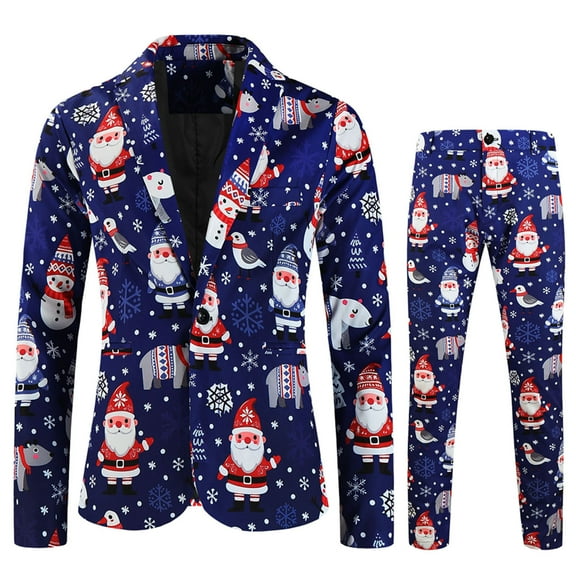 Men Long Sleeve Casual Button Christmas Printed Suit Jacket Two piece Set Holiday Festive Theme Funny Suits