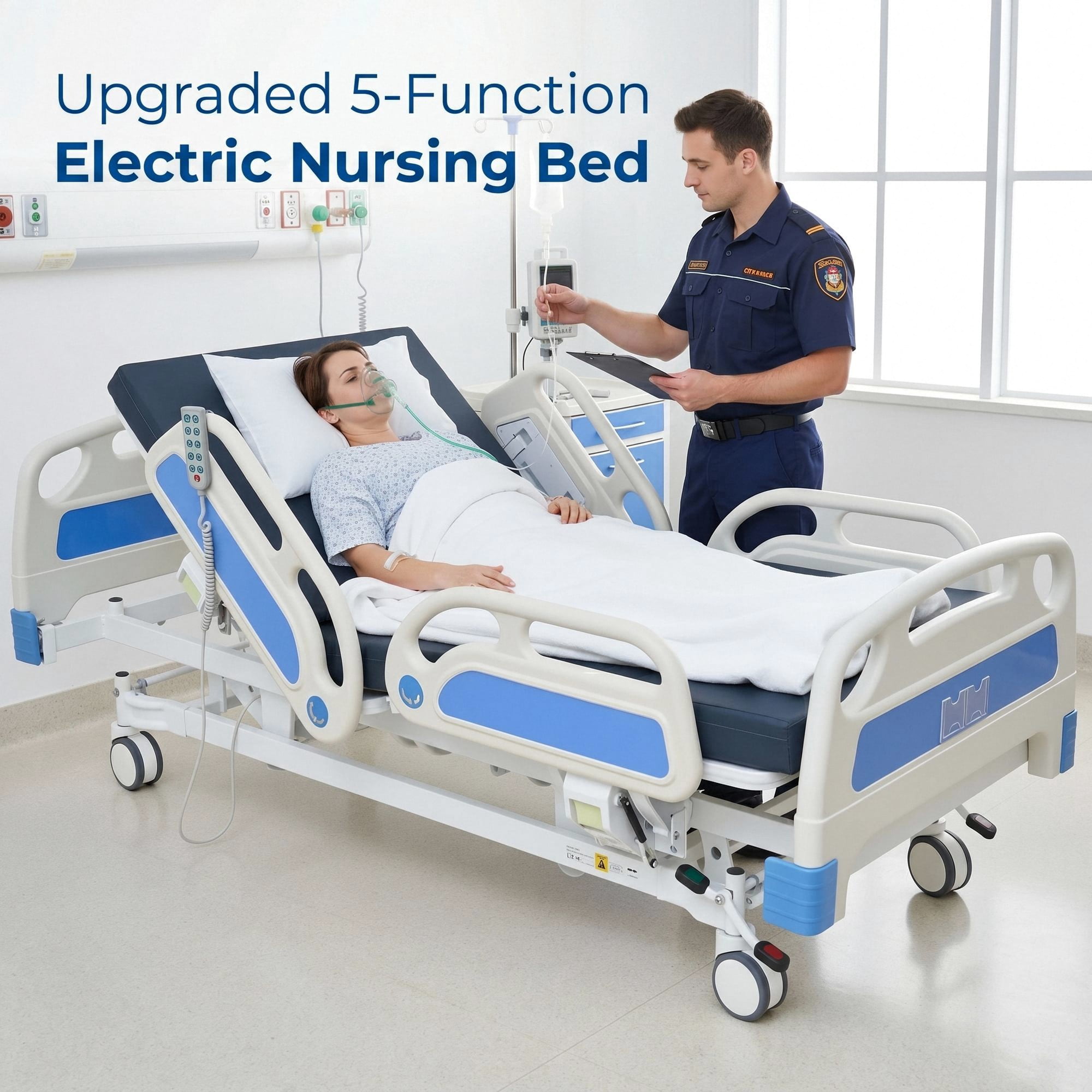 Naipo 5 Function Full Electric Hospital Bed, ICU Electric Medical Bed, 5 inch Locking Casters, IV Pole for Home Hospital Use, 530lbs Capacity