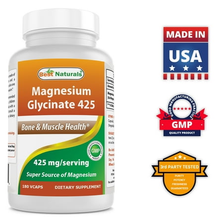 Best Naturals Magnesium Glycinate 425 mg 180 Veggie Capsules - High Absorption Chelated, Non-GMO, Gluten Free Magnesium for Muscle Relax, Helps with Stress Relief, Better Sleep & Migraines (Best Diet For Migraine Sufferers)