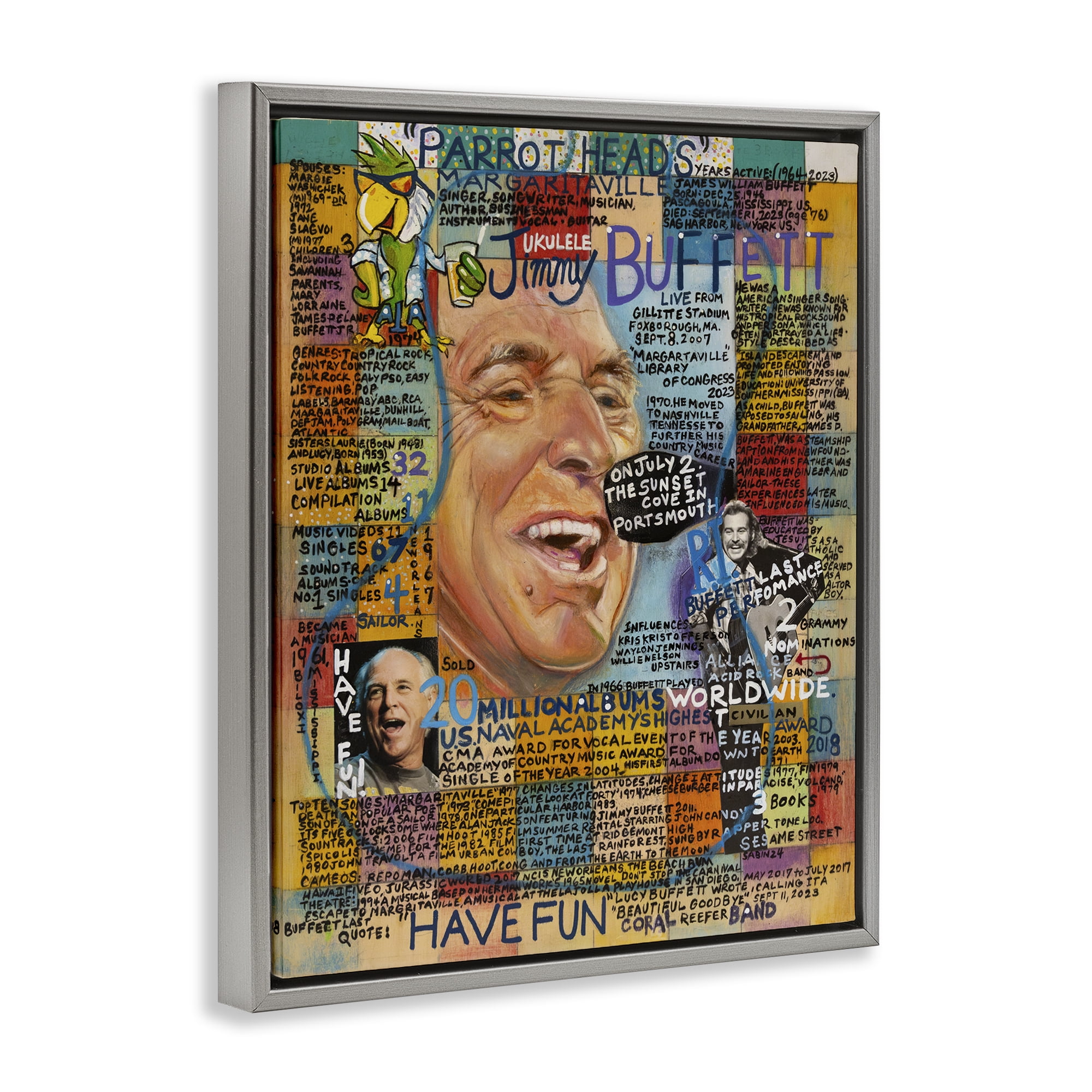 Stupell Industries Jimmy Buffet Collage People Drawing Gray Floater Framed Canvas Art Print Wall Art, 25 x 31