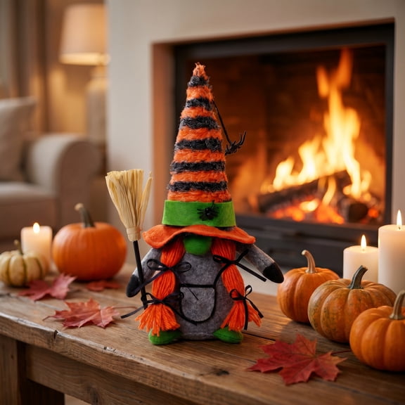 Halloween Faceless Gnome Doll Broom Spider Figurine, Soft Textured Multi Season Reusable Festive Accent Ornament, Holiday Decor Piece for Shelf Wall Household Interior Arrangement