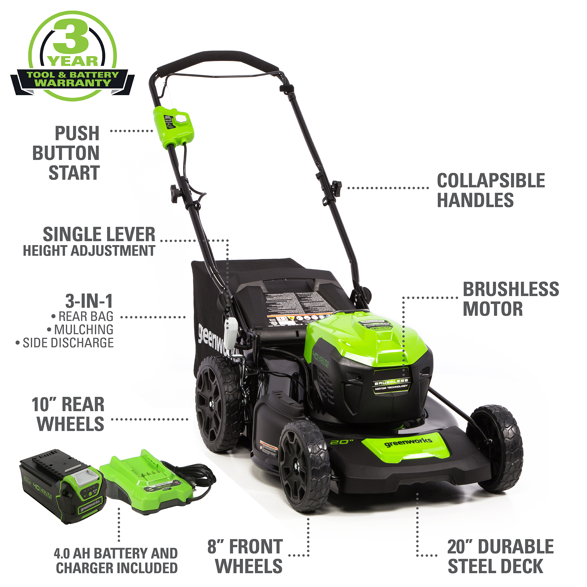 Greenworks 40V 20" Brushless Push Lawn Mower with 4.0 Ah Battery & Quick Charger 2516302VT - image 3 of 13