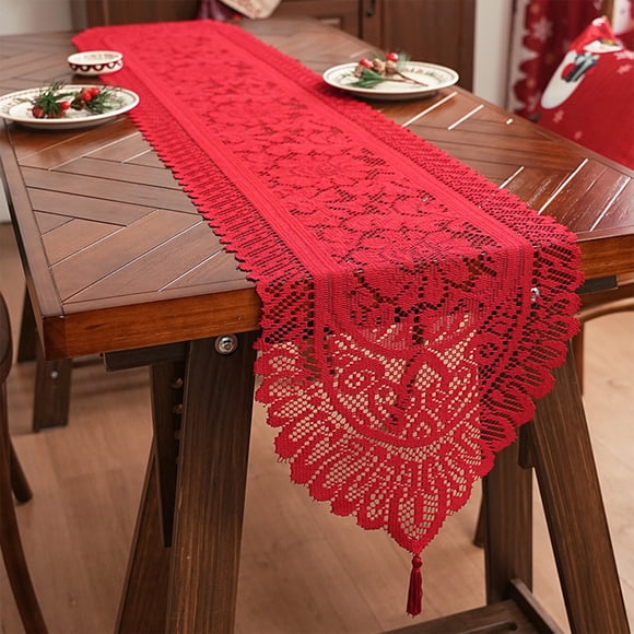 Camino de Mesa Navideño de Encaje Rojo, Ideal para Fiestas y Cenas Festivas. Medidas: 183 X 33 Cm. Apto para Interiores y Exteriores. Tela de Poliéster. Incluye: 1 Mantel.