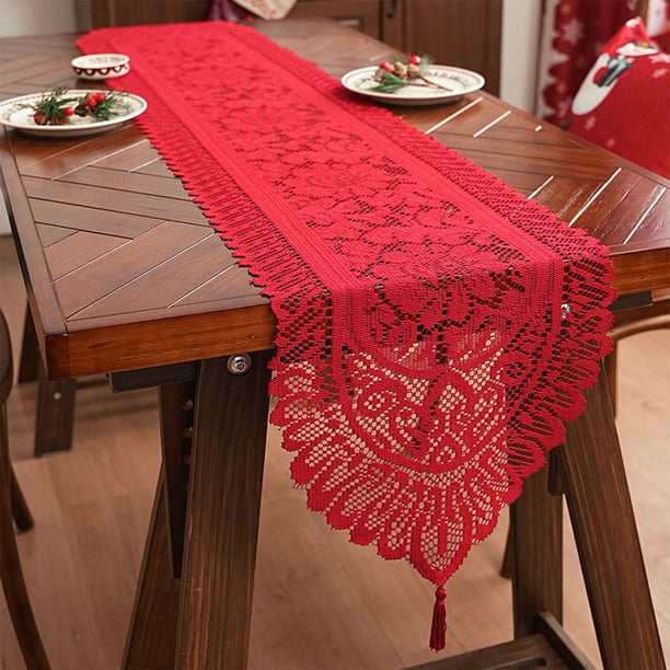 Camino de mesa navideño de encaje rojo | Decoración festiva para fiestas | Mantel de poliéster de 183 x 33 cm para uso en interiores y exteriores