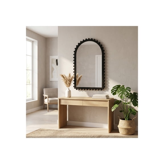 Arched Wall Mirror with Decorative Framed Design for Bedroom Decor - Boho Wooden Framed Mirror for Dorm, Bathroom, Or Office - Decorative Accent for Hallway, Entryway, and Living Room - 39", Black