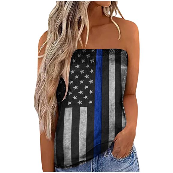 USSUMA Plus Womens Tops Dressy Casual American Flag Tube Tops for Women Strapless Sleeveless Summer Tube 4th of July Stars Striped Crop Top Pleated Tank Blouse