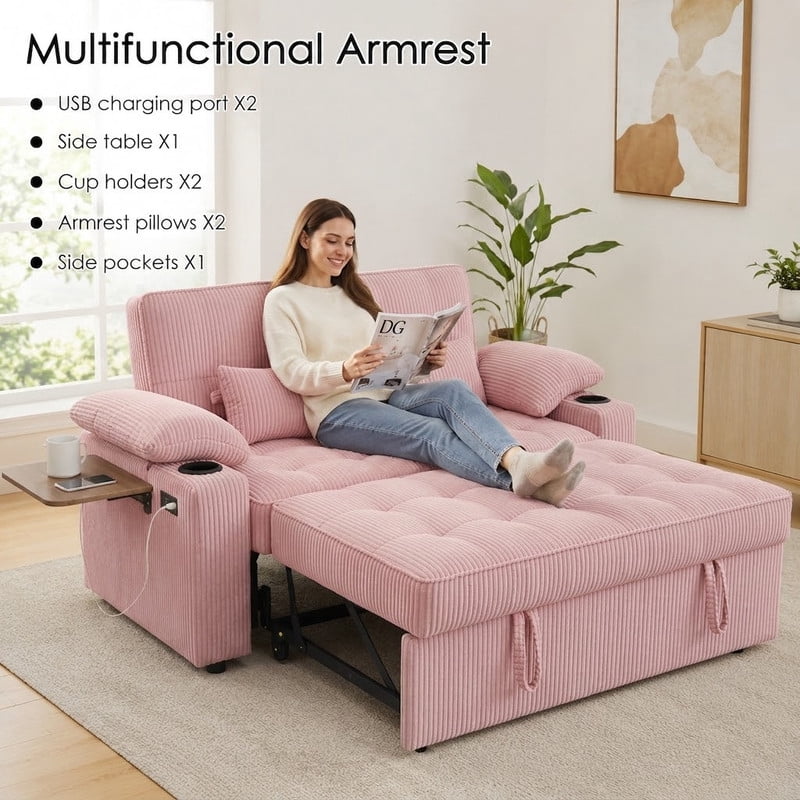 58" Sleeper Sofa Bed, Full Size Pull Out Couch, Convertible Loveseat Sofa with 5-Level Adjustable Backrest, USB Charging Ports, Cup Holders & Foldable Side Table, for Living Room, Apartment & Office