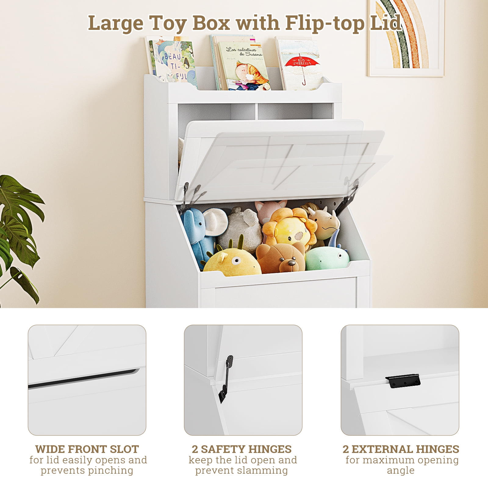 Kids Bookshelf and Toy Storage Organizer, Large Wooden Toy Box Chest with Flip-top Lid and Cubby, 3-Tire Children's Bookcase with Toy Storage Cabinet for Playroom Bedroom Nursery Kindergarten Hallway